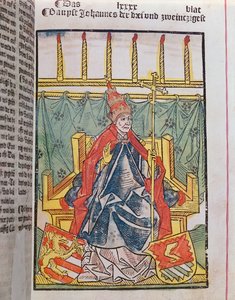 De tegenpaus Johannes XXIII (c.1370-1419) op het Concilie van Konstanz (1414-18), 1483 (gekleurde houtsnede) door Ulrich von Richental